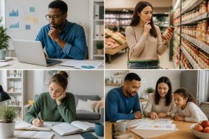 مجموعة من الأشخاص في مواقف يومية مختلفة يفكرون ويتخذون قرارات، مثل رجل يعمل على الكمبيوتر، وامرأة تتسوق، وطالب يدرس، وعائلة تتحدث حول الطاولة.